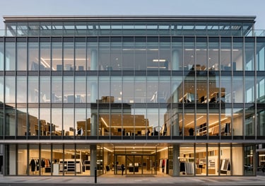 Architectural photograph of a modern glass and steel building in London, housing a luxury textile design studio, shot during the golden hour.
