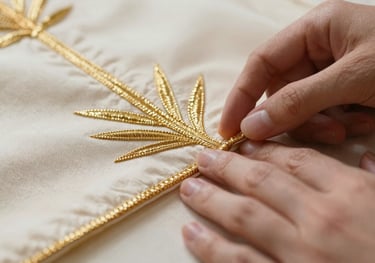 Macro shot of a designer's hands touching a fine piece of soft cream textile with metallic gold thread embroidery, reflecting luxury and care.