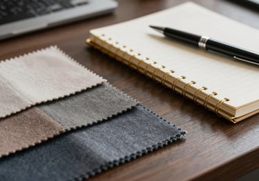 A professional office desk with fabric swatches, a gold-rimmed notebook, and a sleek modern pen, representing high-end sales and showroom consultations.