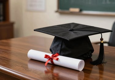 A graduation cap and diploma resting elegantly on a polished wooden desk in a refined East Asian / Hong Kong / Greater Bay Area study room.