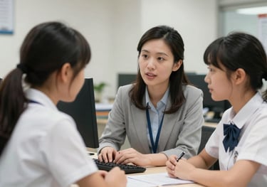 An experienced teacher thoughtfully advising a high school student in a well-lit East Asian / Hong Kong / Greater Bay Area school office.