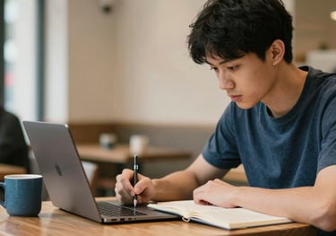 A focused student taking notes from a laptop in a cozy East Asian / Hong Kong / Greater Bay Area cafe, with a slate blue mug on the table.