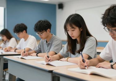 Dedicated students studying in a bright, modern East Asian / Hong Kong / Greater Bay Area classroom with slate blue design accents.