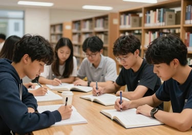 Students collaboratively studying at a table in a prestigious international school library located in the East Asian / Hong Kong / Greater Bay Area.