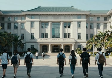 A sunny day on a prestigious university campus in the East Asian / Hong Kong / Greater Bay Area region, students walking, featuring subtle light steel blue tones.