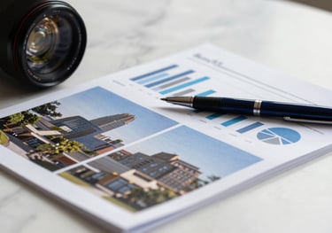 A high-quality photography of a corporate report with charts and architectural photos, lying on a white marble table with a navy pen.