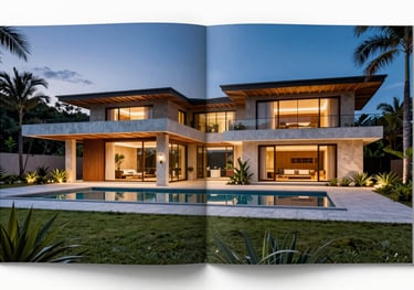 The front cover of a luxury real estate magazine featuring a stunning modern villa at twilight, vibrant colors, South American / Brazilian style.