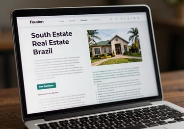 An open e-book on a laptop screen showing a guide about real estate sales, with a clean and professional layout, South American / Brazilian context.
