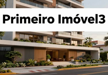 An educational guide cover with the title 'Primeiro Imóvel' featuring a modern residential building with elegant landscaping, South American / Brazilian style.