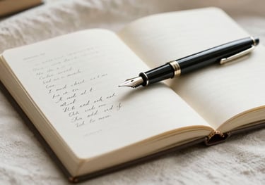 An open journal with elegant handwriting and a fountain pen, lying on a soft off-white linen cloth in a North American / US home.