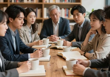 A group of readers in a sophisticated North American / US book club setting, engaged in a lively discussion with soft off-white coffee mugs.