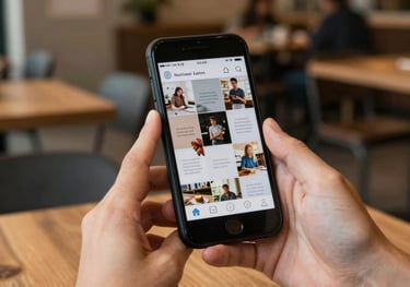 A pair of hands holding a smartphone displaying a literary Instagram feed, set against the backdrop of a cozy North American / US cafe.