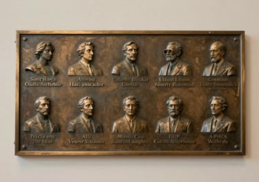 A bronze-colored plaque of a literary association mounted on a soft off-white wall in a North American / US library hall.