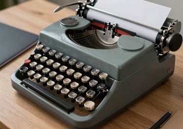 A close-up of a classic typewriter and a refined media kit folder on a taupe wooden table in a North American / US office setting.