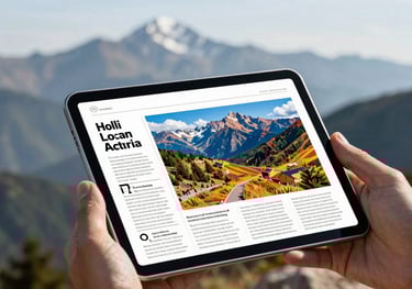 A bright photograph of a tablet displaying a vibrant magazine article with a backdrop of a mountain range.
