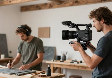 A photograph of a videographer filming a local artisan at work in a bright, rustic studio with wood and slate accents.