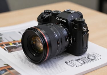 A sharp, clear photograph of a modern lens and camera sitting on a desk next to a sketch of a magazine spread.