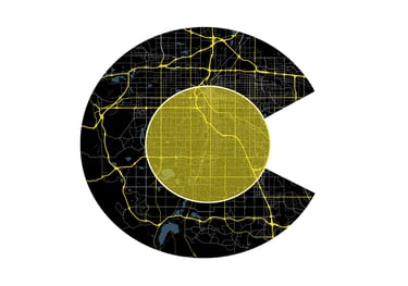 Stylized Colorado state flag logo with a detailed Denver city street map overlay in yellow and black.