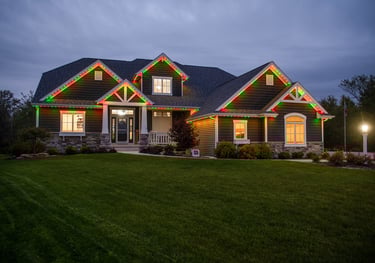 Modern house with festive red and green outdoor Christmas roofline lighting at dusk.