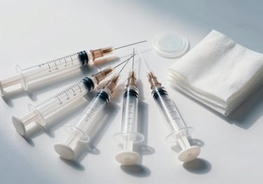 A group of sterile medical supplies, including syringes and bandages, arranged on a clean white surface with soft powder blue shadows. Top-down view.