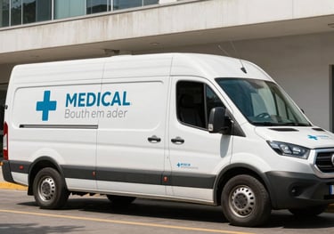 A professional shot of a modern delivery vehicle with discrete medical branding parked outside a healthcare facility in a South American city. Bright daylight.