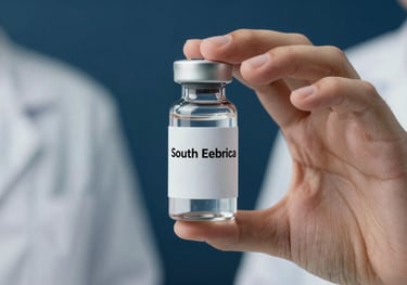 A macro shot of a person in a white lab coat holding a clear medicine bottle with a professional label, soft navy blue background, South American clinical setting.