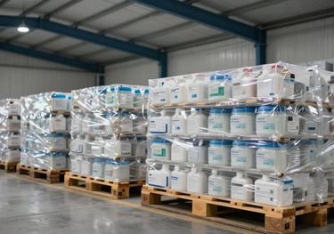 A clean warehouse interior in South America with organized pallets of medical supplies, illuminated by soft, industrial lighting. Navy blue beams and structure visible.