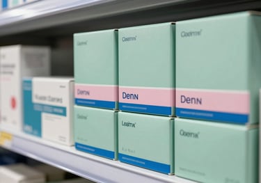 An organized shelf of pharmaceutical products in a distribution center. Boxes are neatly stacked, showing sage green and powder blue accents. Professional and clean aesthetic.