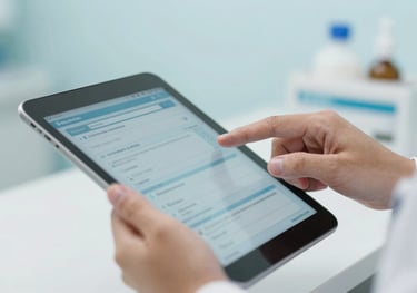 Close up hands of a pharmacist in South America using a tablet to browse a digital medical supply catalog. Clean, bright setting with soft powder blue tones.