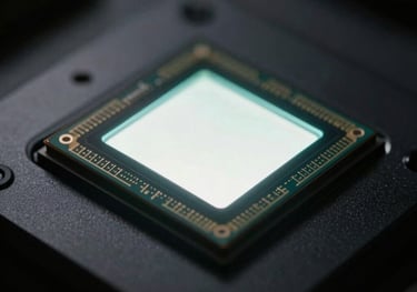 A close-up of a digital sensor glowing with a soft white light, reflecting on a polished black surface, tech-luxury style.