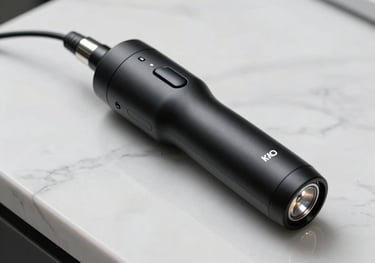 Photography of a sleek, ergonomic diode laser handpiece, matte black finish, resting on a white marble surface, luxury lighting.