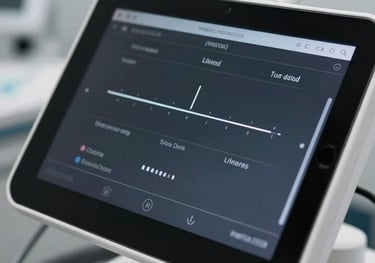 Macro shot of a high-resolution touchscreen interface on a professional medical device, showing minimalist UI design in black and white.