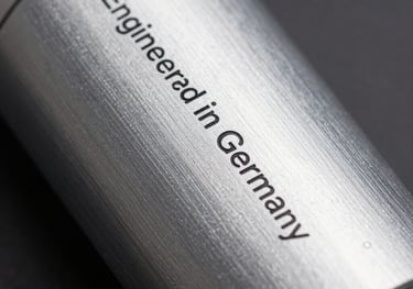 Close-up of a brushed aluminum housing of a cosmetic machine with the inscription 'Engineered in Germany', minimalist and sharp focus.