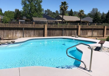 a fenced backyard with a pool 