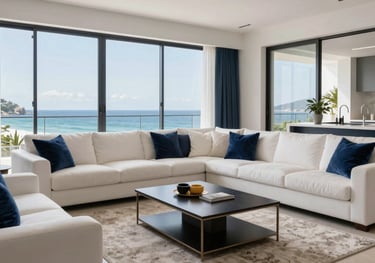 A high-quality photo of a stylish apartment living room with views of the Veracruz coast, featuring white furniture and navy blue accents.