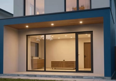 A high-quality 3D architectural render of a contemporary house facade with warm lighting and medium blue accents on the trim.