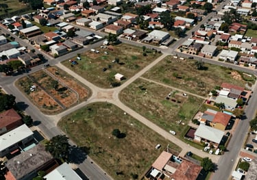A photograph showing an aerial view of subdivided land lots in a developing Latin American / Mexican residential area, clean and organized.