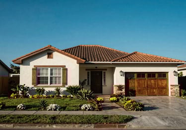 A vibrant photo of a beautiful suburban house in a Latin American / Mexican neighborhood, with a clear blue sky and well-maintained garden.