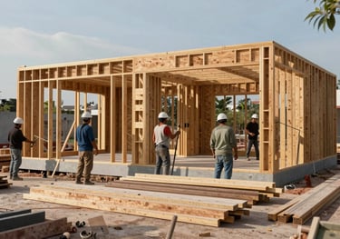 A photograph of a construction site in Veracruz, Mexico, where professional workers are framing a modern house, showing high-quality materials.