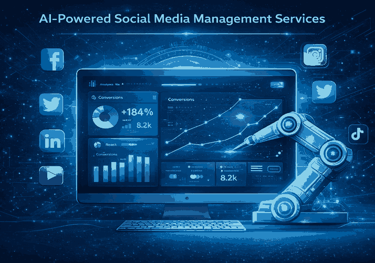 AI-powered social media management dashboard showing multi-platform analytics, automation,