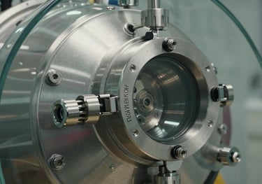 Close up of a stainless steel and glass hyperbaric chamber seal, showcasing precision engineering and safety locks.