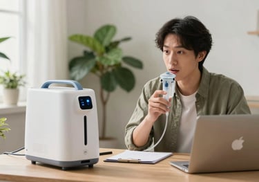 A person in a North American home office looking focused and energized, with a compact oxygen concentrator nearby. Bright, airy room with lots of plants.