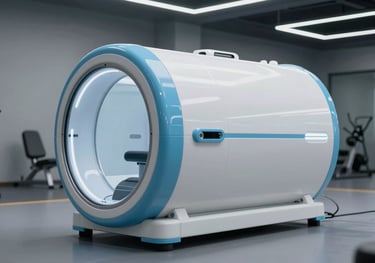 A high-end, futuristic oxygen chamber with sky blue accents, placed in a minimalist gym setting. Professional lighting, clean lines.