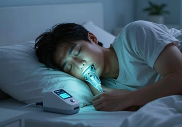 A person sleeping peacefully in a high-end North American bedroom, with a soft sky blue glow from a bedside oxygen device. Calm, nighttime atmosphere.