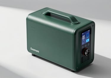 A portable medical-grade oxygen unit with sleek dark green casing and a modern digital interface. Photographed on a clean white surface with sharp shadows.