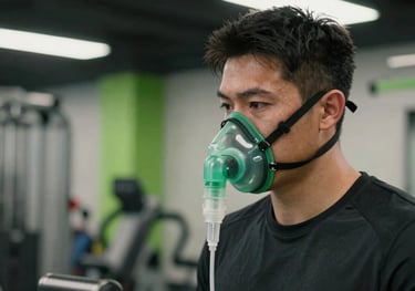 A professional athlete using a high-tech oxygen mask in a training facility, looking focused. Background shows modern equipment and green accents.