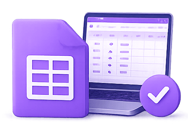 Purple spreadsheet and laptop illustration for MuleBuy spreadsheet categories and QC finds