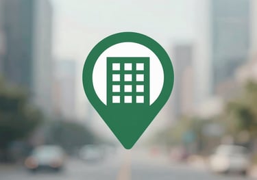 Minimalist icon of a map pin or an office building in professional #1B2D26 green, clean and modern design.