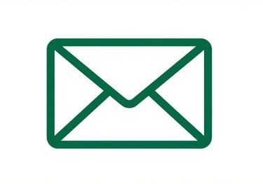Minimalist icon of an envelope or email symbol in #1B2D26 green, sleek lines, professional aesthetics.