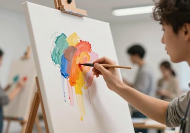 Detail of a team painting together on a single canvas, representing artistic collaboration, vibrant colors against professional background.